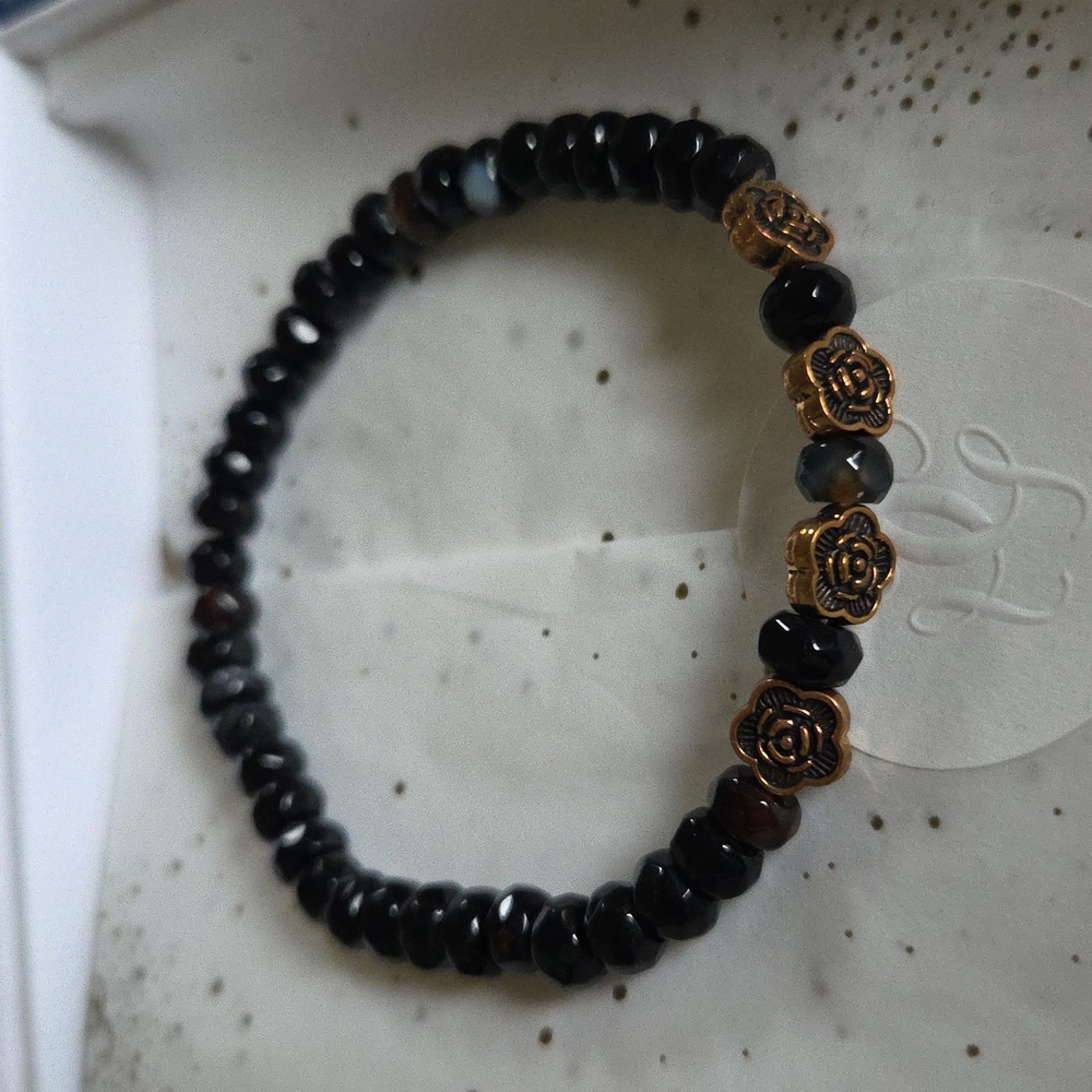 Black Beaded Bracelet with Copper Flower Accents